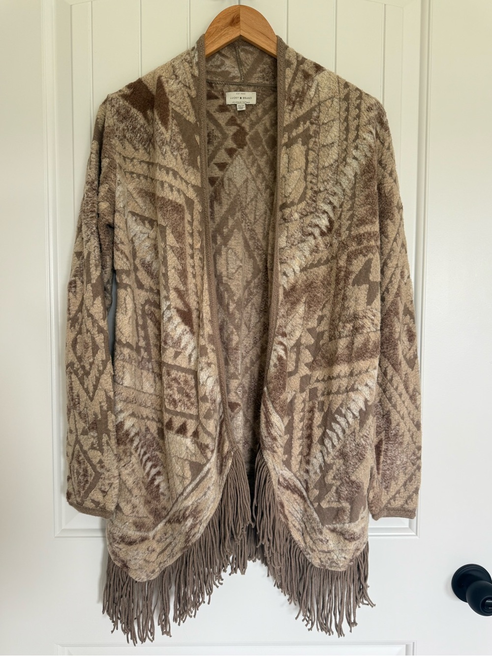 Lucky Brand Aztec Fringe Cardigan Brown Tan Tribal Boho Knit Open Front Sweater